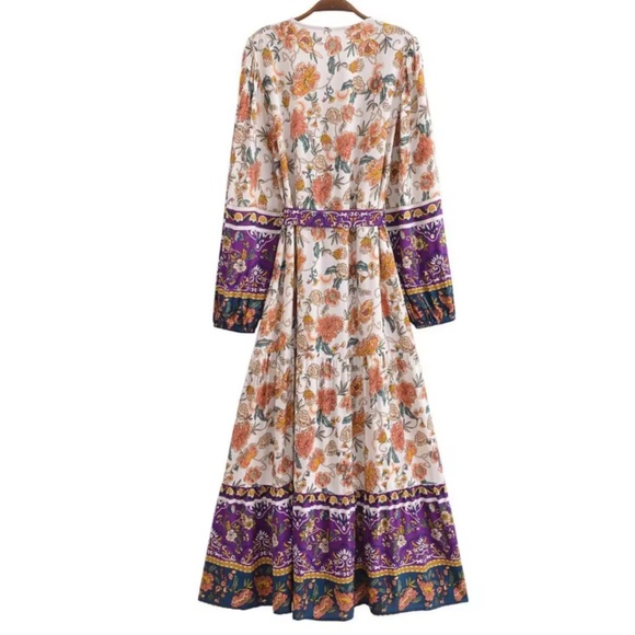 oho Floral Print V neck Button Down Belted Dress - Picture 6 of 7